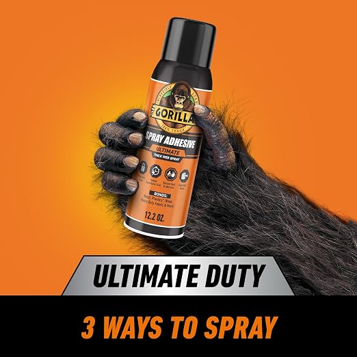 Gorilla Ultimate Spray Adhesive, Multi-Purpose Web Spray Contact Glue, Instant Aggressive Tack, Adjustable Nozzle, White, 12.2 oz (Pack of 1), Bonds Wood, Metal, Plastic, Leather & Fabric
