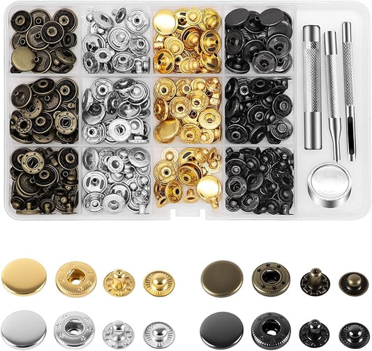 Alritz 15mm Leather Snap Fasteners Kit, 72 Set Metal Button Snaps Press Studs with 4 Setter Tools, 6 Colors Leather Snaps for Clothes, Jackets, Jeans Wears, Bracelets, Bags