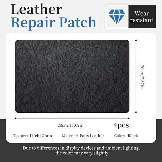 4 Pcs Leather Repair Patch Tape Self-Adhesive, 8x11In Heavy Duty Vinyl Patch, Leather Repair Kit for Furniture, Sofa, Couch, Office Chair, Car Seat, Car Interior(Black)
