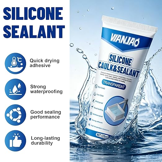 Bathtub Caulk, Clear Silicone Sealant Waterproof, Strong Adhesion High Efficiency Long-Lasting for Bathroom Glass Partitions Wash Basins Bathtubs Countertops, Transparent, 2 * 120ml