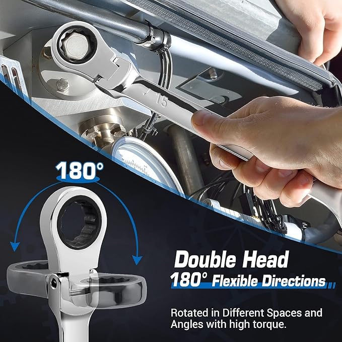 DISEN 8-9mm Extra Long Flex Head Ratcheting Wrench, Double Box End Long Reach Ratchet Wrench, CRV Steel, Metric