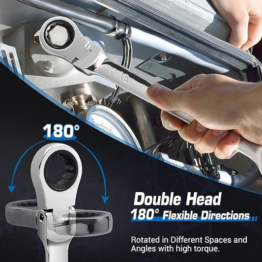 DISEN 14-15mm Extra Long Flex Head Ratcheting Wrench, Double Box End Long Reach Ratchet Wrench, CRV Steel, Metric
