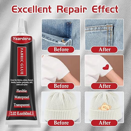 Yeardera Fabric Glue, Permanent, Clear, Washable Adhesive for Clothing, Patches, Leather, Cotton, Denim, Polyester, Flannel, and All Fabrics