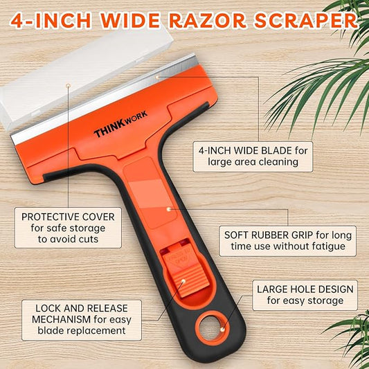 Razor Blade Scraper, 4" Razor Scraper with 20Pcs Metal & Plastic Razor Blades, Multi-Purpose Glass Window Scraper Tool for Cleaning Decals, Tint, Stickers, Labels, Caulk from Window, Oven, Stove Top