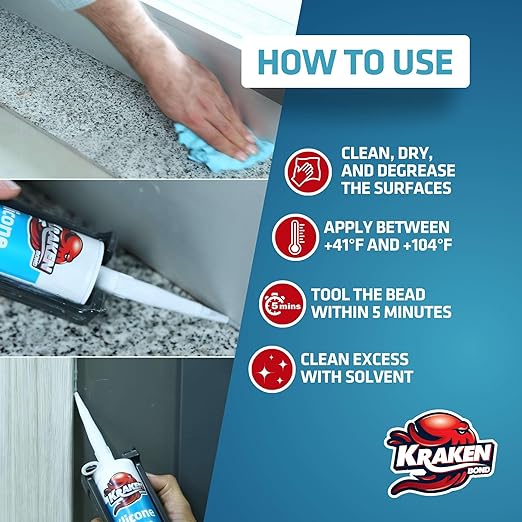 Kraken Bond Gray Silicone Sealant Waterproof% 100-10 fl oz Cartridge - RTV Silicone Caulk Kitchen and Bathroom, All Purpose, Window Caulking Sealant Outdoor, RV, Exterior Use Silicon - 1 Pack