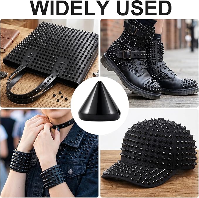 OIIKI 100 PCS 8mm ABS Bullet Spike Cone Studs, Glossy Black | Rivets Cone Spike Studs Beads, Flat Back Punk Spikes DIY Crafts Studs Glue on Decoration for Clothing Leather Belt Bag Trims
