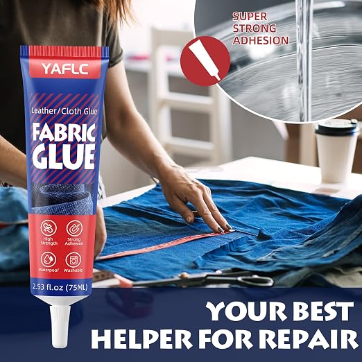YAFLC Fabric Glue Permanent, Fabric Glue for Patch, Clear Fabrics Adhesive for Clothing Permanent Washable for All Cotton, Denim, Flannel, Polyester 75 ml