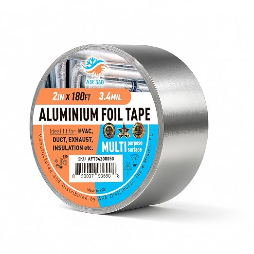 Air 360 Aluminum Foil Tape 2 Inch x 180 FT - HVAC Foil Tape for Ductwork, Dryer Vent, AC & Pipe Insulation - Heavy Duty High Temp Heat Resistant Metal Duct Tape, Waterproof Aluminum HVAC Tape