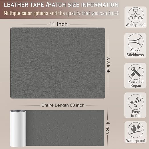 Self Adhesive Leather Repair Patch Kit, 4" x 63" Large Vinyl Leather Repair Tape for Furniture, Car Seat, Couch, Sofa, Chair Medium Grey