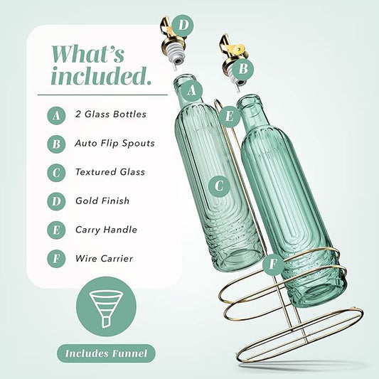 COOK WITH COLOR Glass Olive Oil Bottle Dispenser - 2 Pack- 17oz Oil and Vinegar Cruet - Olive Oil Carafe Decanter for Kitchen, Elegant Fluted, Green
