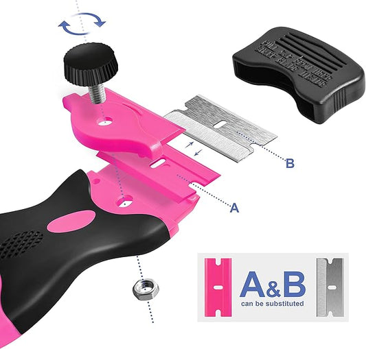 Razor Blade Scraper, Double Edge Razor Scraper Remover Tool with 30 Pcs Razor Blades for Labels Stickers Decals Removal Auto Window Tint Vinyl Tool Application (Pink)