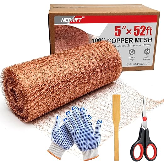 5 Inch×52 ft Copper Mesh Rodent Control, 100% Pure Copper Rustproof Bat Snail Barrier & Sealing Wire for Home, Foundation Gaps, Vent Covers, Gardening with Scissors, Gloves, Trowel