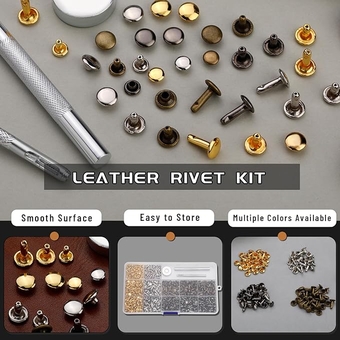 CBHGFEA 540 PCS Leather Rivets, 3 Different Sizes Double Cap Rivets Kit with Leather Rivet Setting Tools, Leathercraft Rivet Kit for DIY and Crafting, Decoration