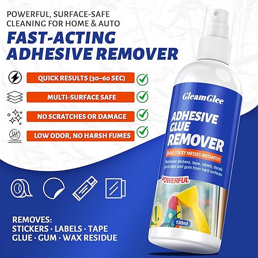 Adhesive Remover Spray 5.03oz – Powerful Glue & Sticker Remover for Tape, Labels, Silicone, Grease, Gum & Wax Residue – Safe on Glass, Metal, Plastic, Wood & Hard Surfaces – Includes Scraper