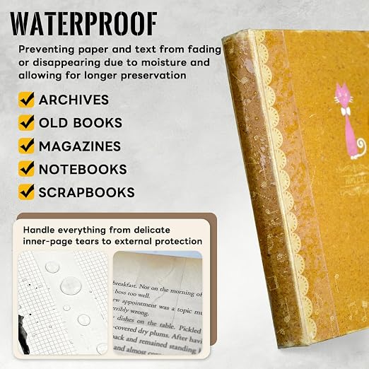 Archival Safe Acid-Free Book Repair Tape, Thin and Invisable, Waterproof | Paper Page Safe No Residue, for Library, Old Books,Broken Pages, 1260 inch Length x 1 & 2 inch