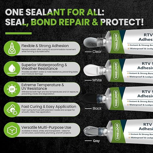 SHIELDOM RTV Silicone Sealant Waterproof Seal & Caulk All-Purpose Adhesive Stronger Adhesion, Shrink & Crack Proof Caulking Sealer for Car, Kitchen, Window, Bathroom, Door - Grey 3.4 Fl. Oz.
