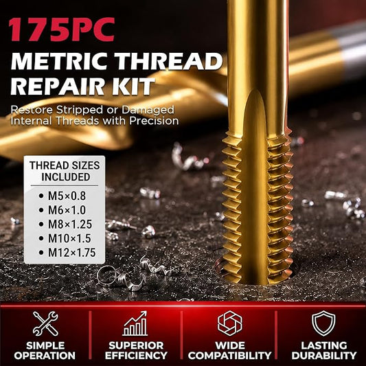 175PC Metric Thread Repair Kit, Thread Restorer Tool Set with HSS Drill Bits, Taps, Thread Inserts, Installation and Break-Off Tools for Stripped Threads, Automotive Repair, Metalworking, Garage Use