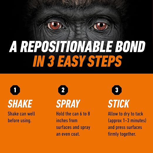 Gorilla Ultimate Spray Adhesive, Multi-Purpose Web Spray Contact Glue, Instant Aggressive Tack, Adjustable Nozzle, White, 12.2 oz (Pack of 1), Bonds Wood, Metal, Plastic, Leather & Fabric