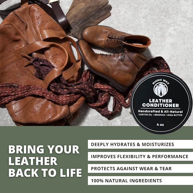 Rhino Wax - Leather Conditioner (4oz) - Trusted Conditioners for Boots, Furniture, Shoes, Purses - Easy Use Applicator - Hydrates, Rejuvenates, Protects - Natural Ingredients - USA Made