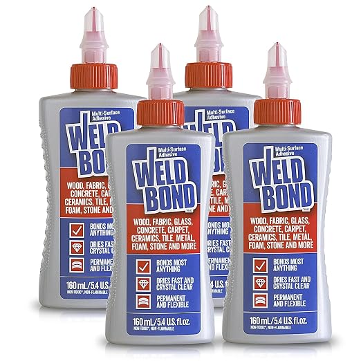 Weldbond Multi-Surface, Non-Toxic Glue, Bonds Most Anything! Use as Wood Glue or for Glass Crafts Ceramic Tile Mosaic Porcelain Stone Fabric Carpet & More. 4-Pack of 5.4oz /160ml