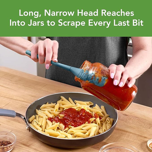 Tovolo Silicone Jar Spatula Long Handled Rubber Scraping Scooping Tool for Peanut Butter Jam Jelly Jars Blenders, Extra Long Flex Core Silicone Jar Scraper Dishwasher Safe BPA Free, Blue Slate