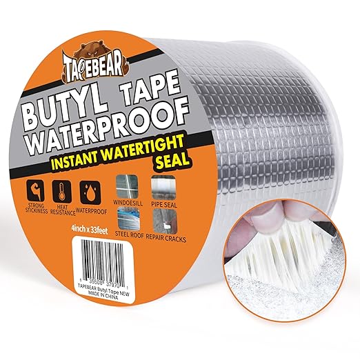 TAPEBEAR Butyl Tape Waterproof Sealant Tape 4inch x33feet, Aluminum Foil Duct Sealing Tape for RV Roof Repair, Boat and Pipe Sealing, Silicone, Glass & EDPM Roof Leak Patching, Silver