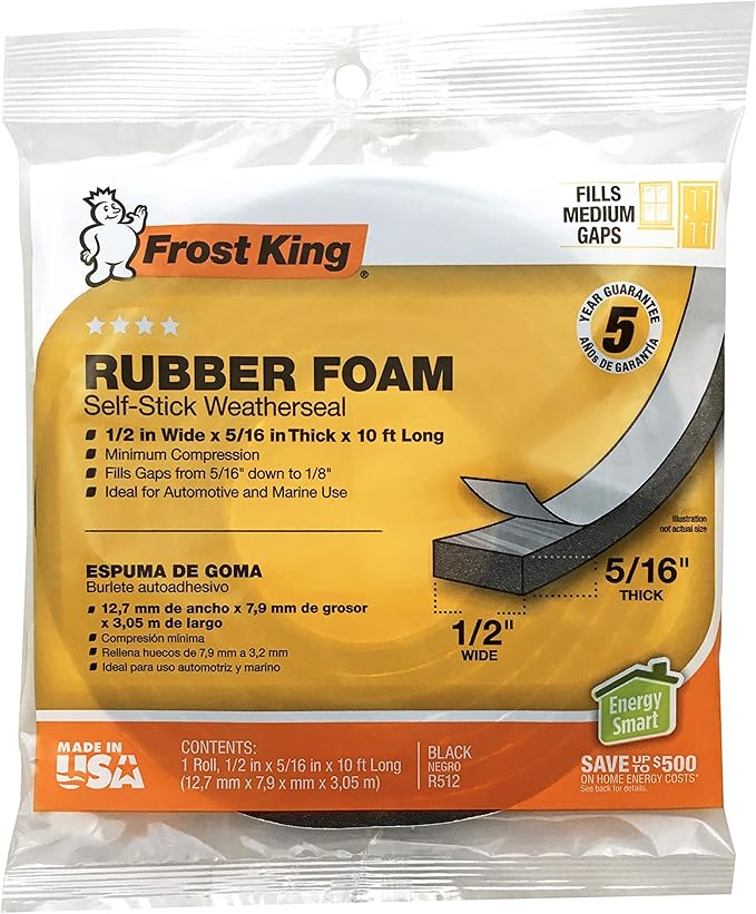 Frost King P Self-Stick Rubber Foam Weatherseal, 1/2" W, 5/16" T, 10 ft L, Black