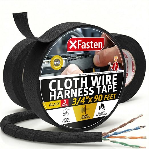XFasten Wire Harness Tape, 3/4-Inch x 90-Foot (3-Pack), High Temp Wiring Loom Harness, Self-Adhesive Felt Cloth Electrical Tape for Automotive Engines, Noise Dampening, and Cable Protection