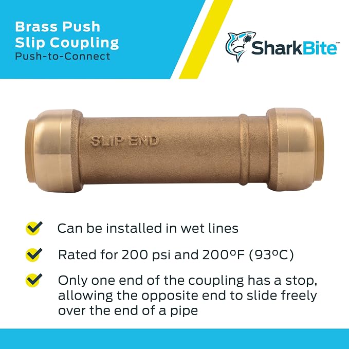 SharkBite 3/4 Inch Slip Coupling, Pack of 3, Push to Connect Brass Plumbing Fitting, PEX Pipe, Copper, CPVC, PE-RT, HDPE, U3016LF