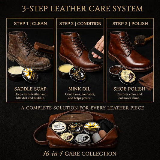 Shoe Care Kit – 16-in-1 Leather Shoe Polish, Cleaning & Conditioning Kit with Saddle Soap & Mink Oil – Black/Brown/Neutral Shoe Polish, 3 Horsehair Brushes – Premium Storage Bag – Gift for Men & Women