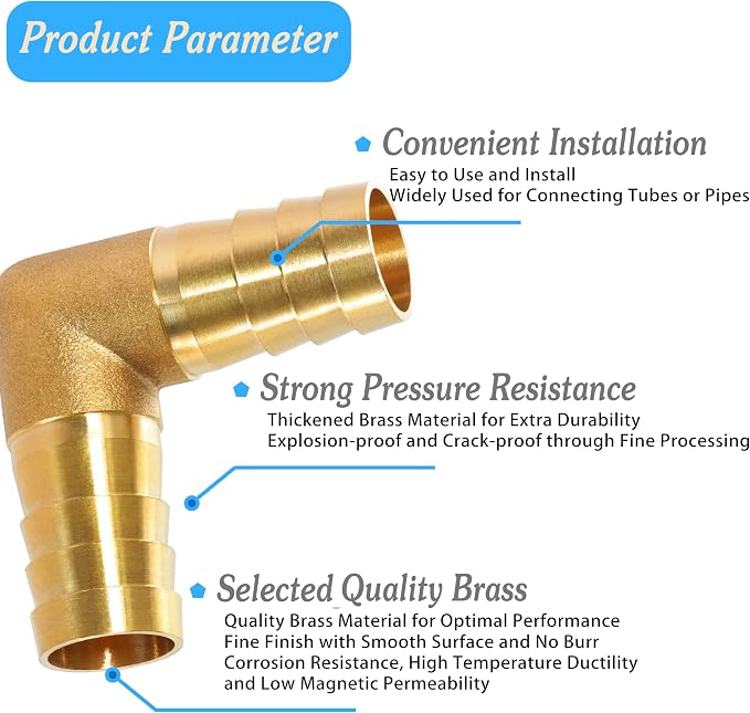 Brass Hose 90 Degree L Right Angle elbow Barb 1/4" 5/16" 3/8" 1/2" Splicer Mender Assortment Kits with Stainless Steel Pipe Clamps air hose repair kit for Gas/Fuel/Air