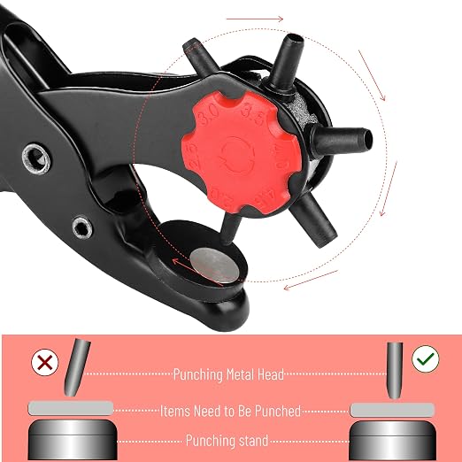 UNCO- Leather Hole Punch Tool Set, Red Handle, Multi Punch Sizes, Belt Hole Puncher for Leather, Belts, Straps, Pet Collars, Shoes, Saddles, Canvas & DIY Crafts, with Grommet Eyelet Kit 100 Set