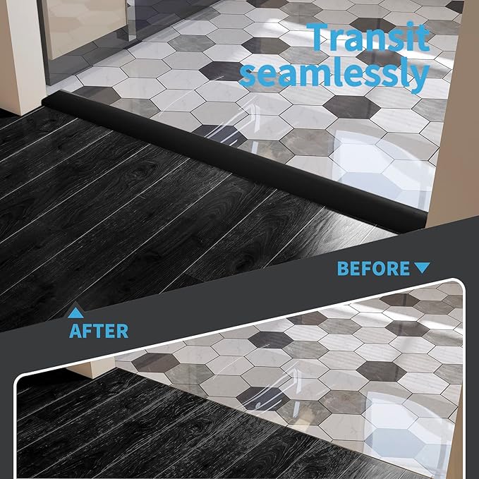 Art3d 4 FT Self Adhesive Vinyl Floor Transition Strip, Laminate Floor Strip Floor Flat Divider Strip for Joining Floor Gaps,Carpet Threshold Transition,Floor Tiles（1.57in, Black）