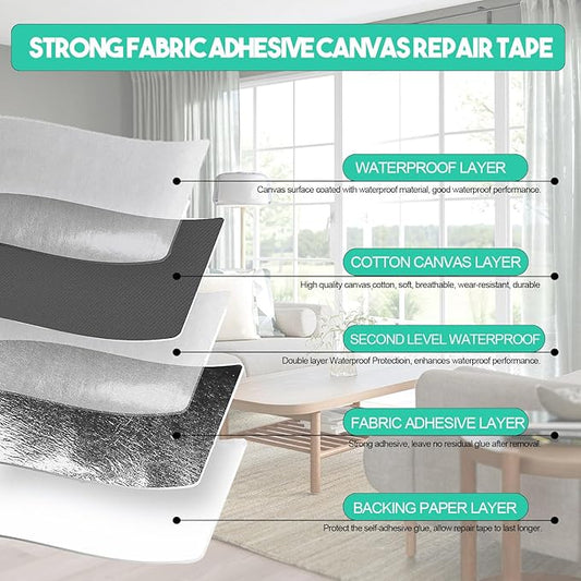 Canvas Repair Tape,Fabric Repair Patch,4×70 Inches,Outdoor Gear Patch, Waterproof,Self-Adhesive for Repairing Boat Covers,Tents,Sofas,Patio Umbrellas,Lounge Chairs,Awnings