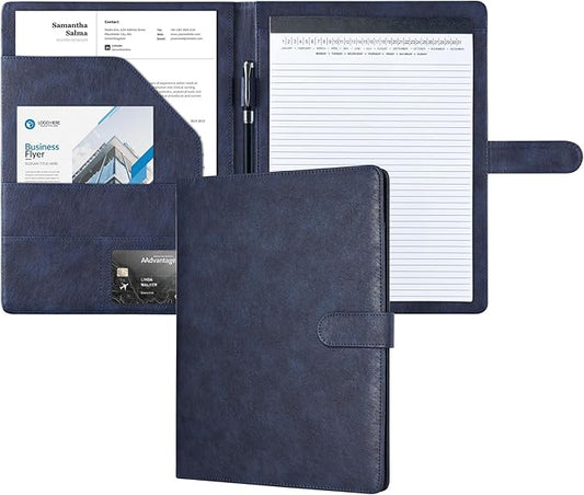 Mymazn Padfolio Portfolio Folder, Faux Leather Interview Resume Folder with Document Organizer & Business Card Holder, Letter-Sized Notepad Legal Pad Holder for Men Women (Navy Blue)