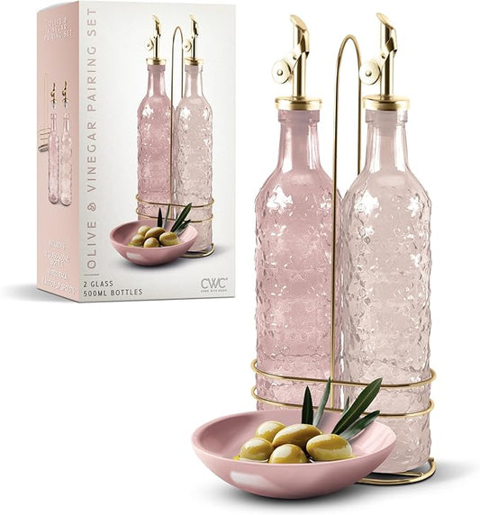 COOK WITH COLOR Glass Olive Oil Bottle Dispenser - 2 Pack- 17oz Oil and Vinegar Cruet - Olive Oil Carafe Decanter for Kitchen, Floral, Pink