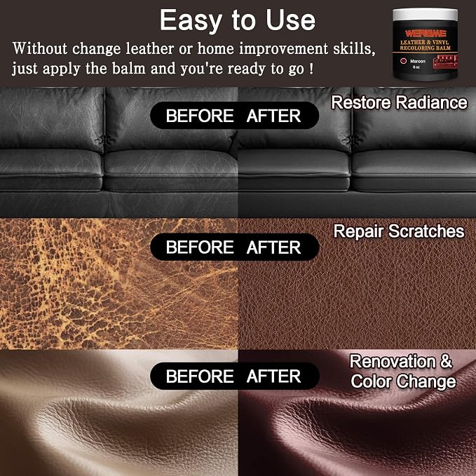 Leather Recoloring Balm & Mink Oil Leather Conditioner, Maroon | Restores faded leather, waterproof, scratch repair for couches, car seats, shoes & bags, Complete kit with mink oil & tools
