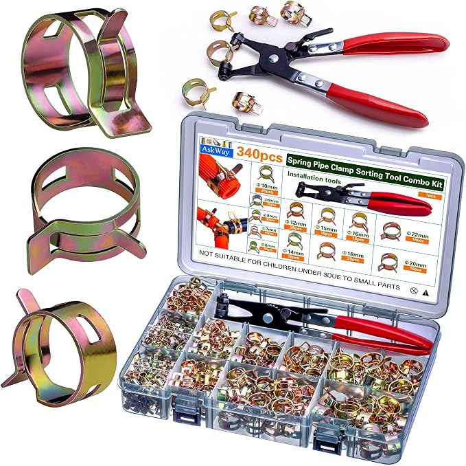 Spring Pipe Clamps340PCS, With Spring Pipe Clamp Tools, 12 Sizes 6-22mm Spring Hose Clamps, Used To Fix Hose Interfaces In Automotive, Marine, Gardening, Industrial Applications