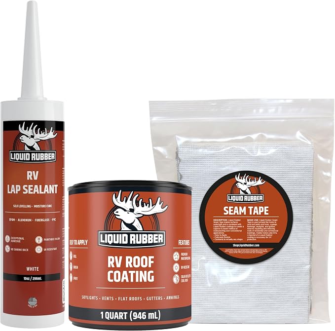 Liquid Rubber RV Roof Coating Solar Reflective Waterproof Trailer Repair Kit Includes: RV Sealer 1 Quart, Seam Tape - 4"x12.5', 1 Tube RV Lap Sealant