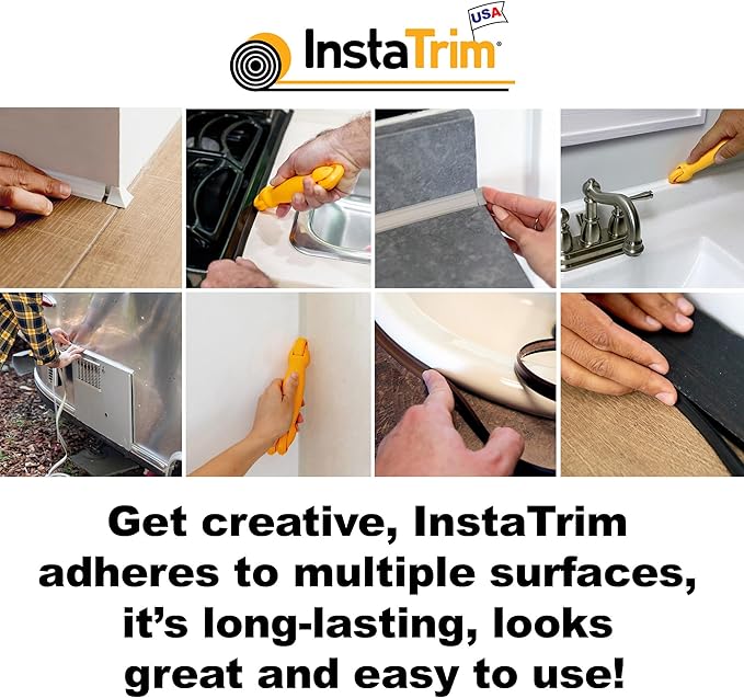 InstaTrim Peel & Stick Flexible Caulk Tape & Trim, Easy to use, self-Adhesive, Caulk sealant for Floors, Doors, Windows, counters, tubs and More - Made in USA, 1/2 inch x 10 feet, Gray