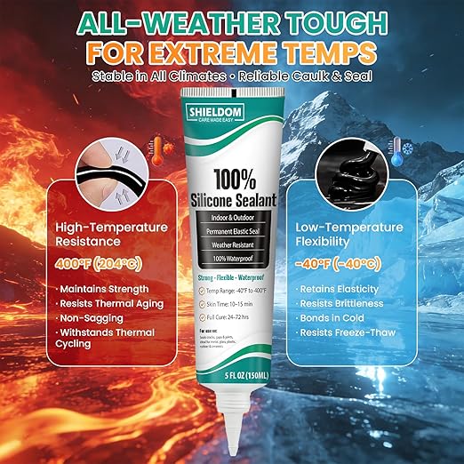 SHIELDOM Silicone Sealant Adhesive Silicone Caulk with Finishing Tool 100% Waterproof Seal Shrink & Crack Proof, Flexible, Strong Adhesion for Automotive, Bathroom, Kitchen, Windows 150ML/5Oz (Black)