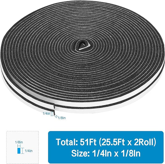 Foam Insulation Tape, 1/4In x 1/8In x 51Ft Weather Stripping Door Seal Strip for Doors and Windows,Sliding Door, Soundproofing Door Seal,Weatherstrip,Air Conditioning Seal Strip