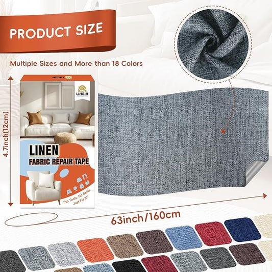 Linen Fabric Repair Tape 4.7x63 Inch, Self Adhesive Couch Patch Repair Fabric Tape for Furniture, Linen Patch Kit for Couch, Carpet, Upholstery, Chair, Sofa, Cushion, Bag (Medium Grey)