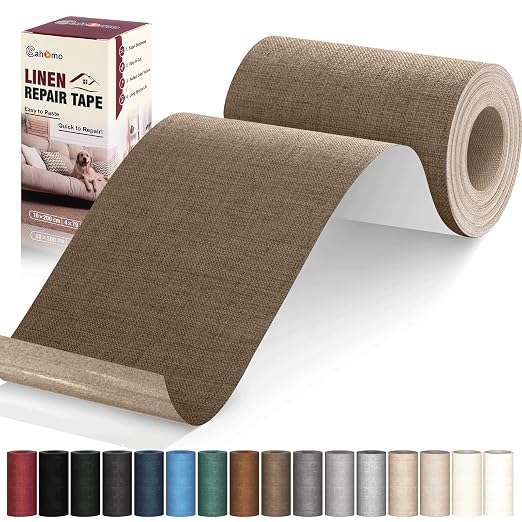 Linen Repair Tape 4x79 inch, Self Adhesive Fabric Patches, Linen Patch Tape Kit, Fabric Repair Tape for Couch Sofas, Headboards, Chairs, Pillows, Curtains, Couches - Light Brown
