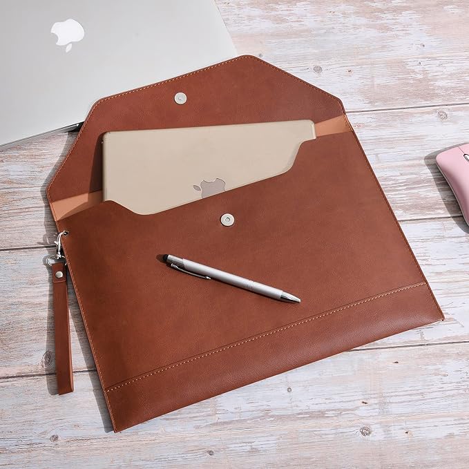 Wonderpool Envelope Case A4 PU Leather File Jacket Pocket Folder Document Case Bag with Removable Hand Strap and 4 Pocket for Documents Tablet Phone Stationery (Coffee)