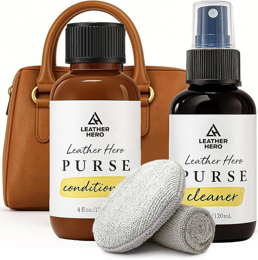 Leather Purse Cleaner & Conditioner Kit – 4pc Set with 4oz Cleaner, 4oz Conditioner, Microfiber Cloth & Applicator Sponge – Leather Bag & Handbag Care for Luxury Purses & Designer Bags