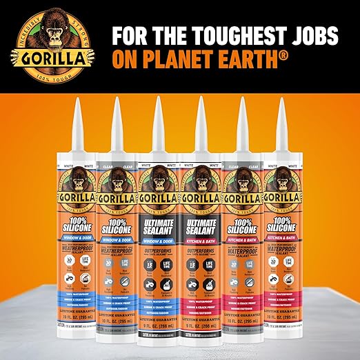 Gorilla Ultimate Sealant Kitchen & Bath Caulk, Paintable & Waterproof, 9 oz Cartridge, White