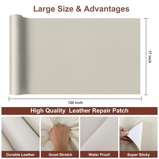 Leather Repair Patch,17X120 Inch Leather Repair Tape,Large Self Adhesive Leather Patches for Furniture, Couches,Car Seat,Chair Beige