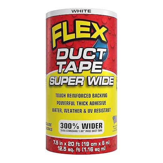 Flex Duct Tape, Super Wide, 7.5 Inches x 20 Feet, White, Heavy Duty Strong, Multi-Surface, Water, Weather and UV Resistant, Tearable, Perfect for Boxes, No Residue