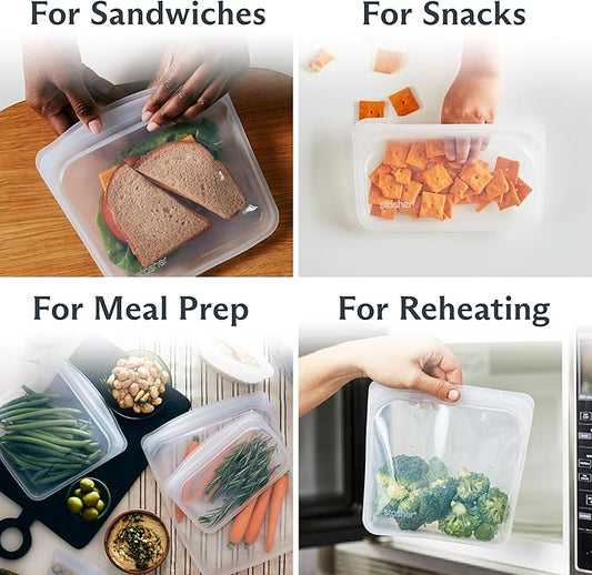 Stasher Silicone Reusable Food Storage Bags, 4-Pack, Reusable Freezer Bags, Microwave, Dishwasher, Oven Safe, Sous Vide, Premium Lunch Containers, Eco Friendly, Snack Bags, Food-safe Silicone, Clear | Reusable Food Bags